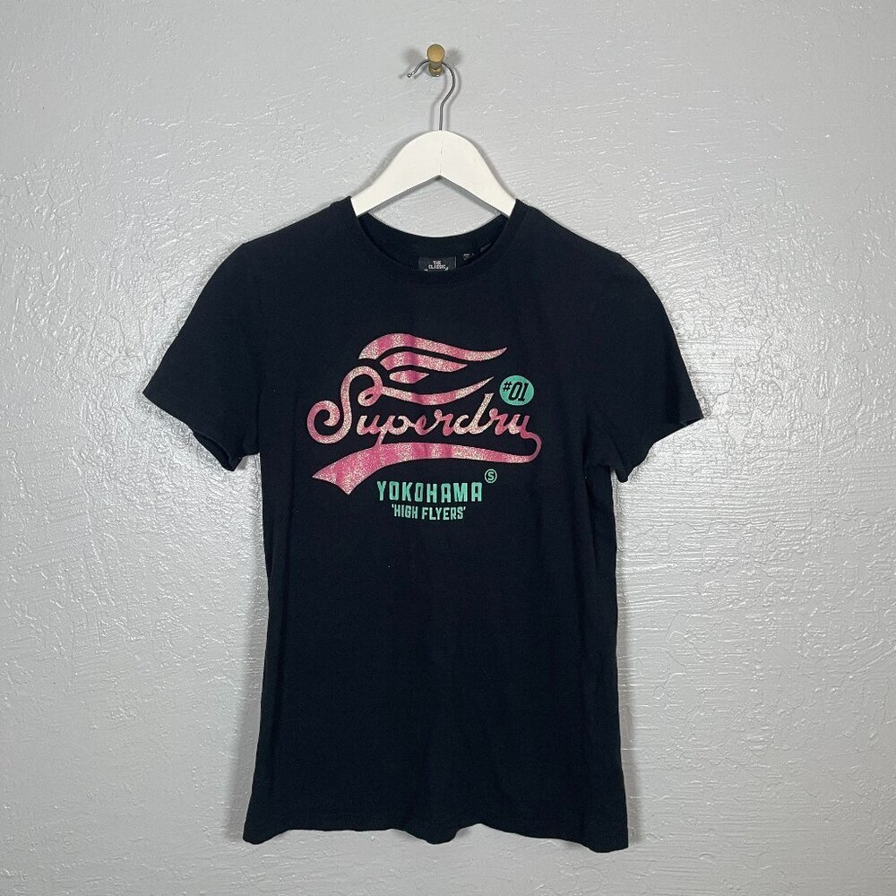 SuperDry Women 6 Black Pink Glitter Logo T-Shirt Short Sleeve Crew Neck Cotton